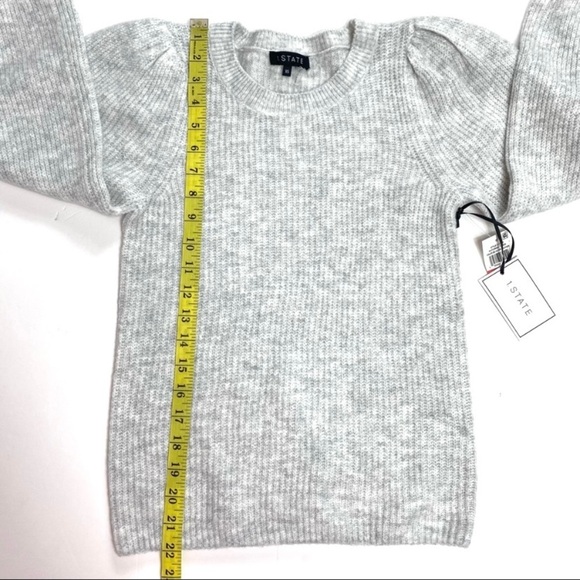 1 State Ruffle Balloon Sleeve Crewneck Rib Sweater Silver in light Gray New - Picture 8 of 8